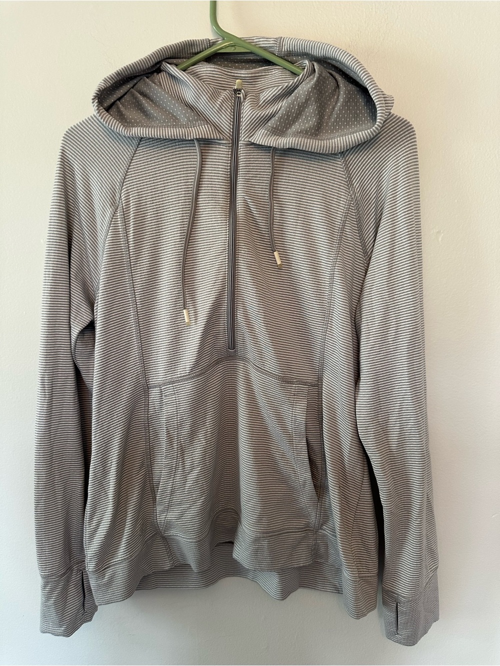 Athleta Gray White Striped Half Zip Hooded Pullover Top Thumbholes Size Large